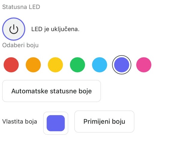 Cronics aplikacija: postavke statusne LED i izbor boje